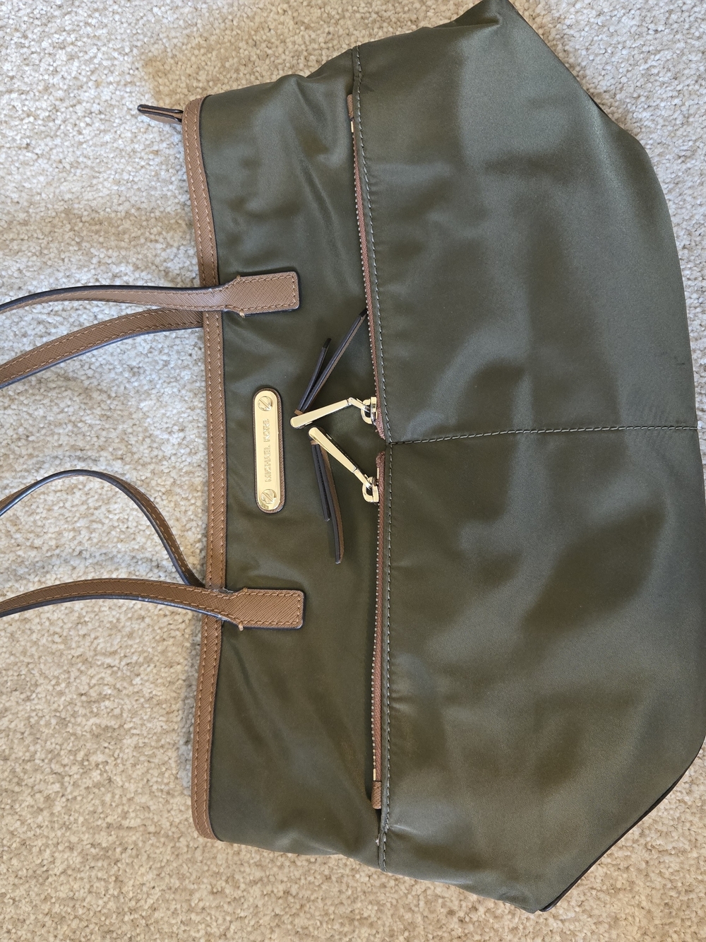 Michael Kors Olive Green Nylon Tote with Brown Trim